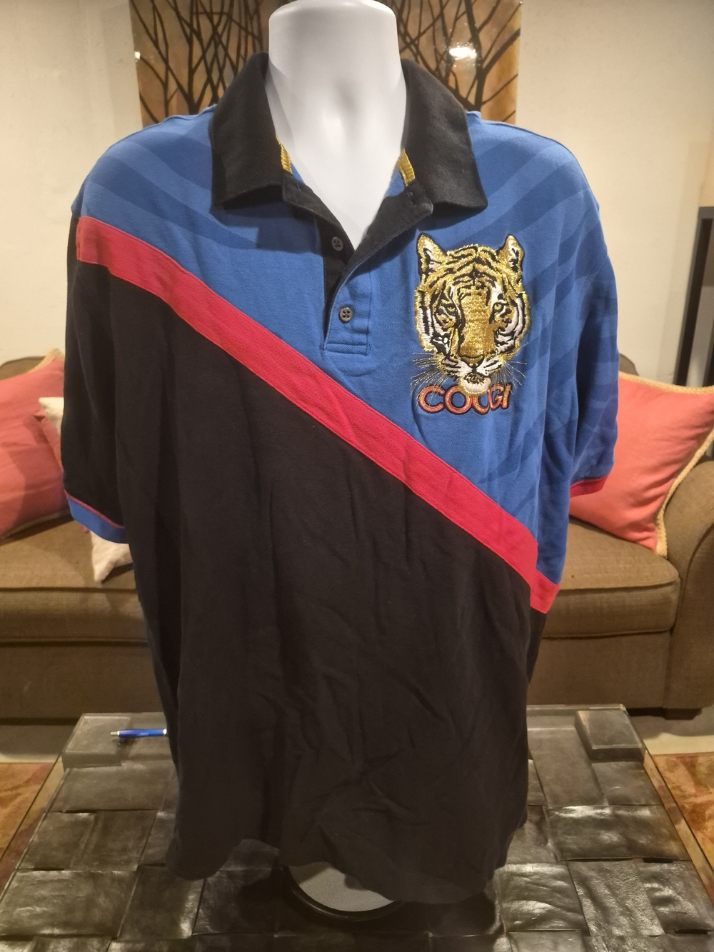 COOGI Blue and Black Polo with Red Diagonal Stripe and Tiger Patch